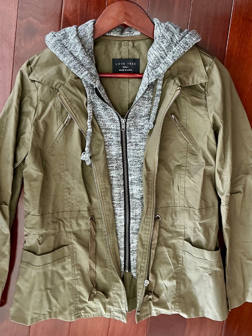 LOVE TREE Olive Green Pockets Cotton Drawstring Jacket with Gray Hoodie S NWOT